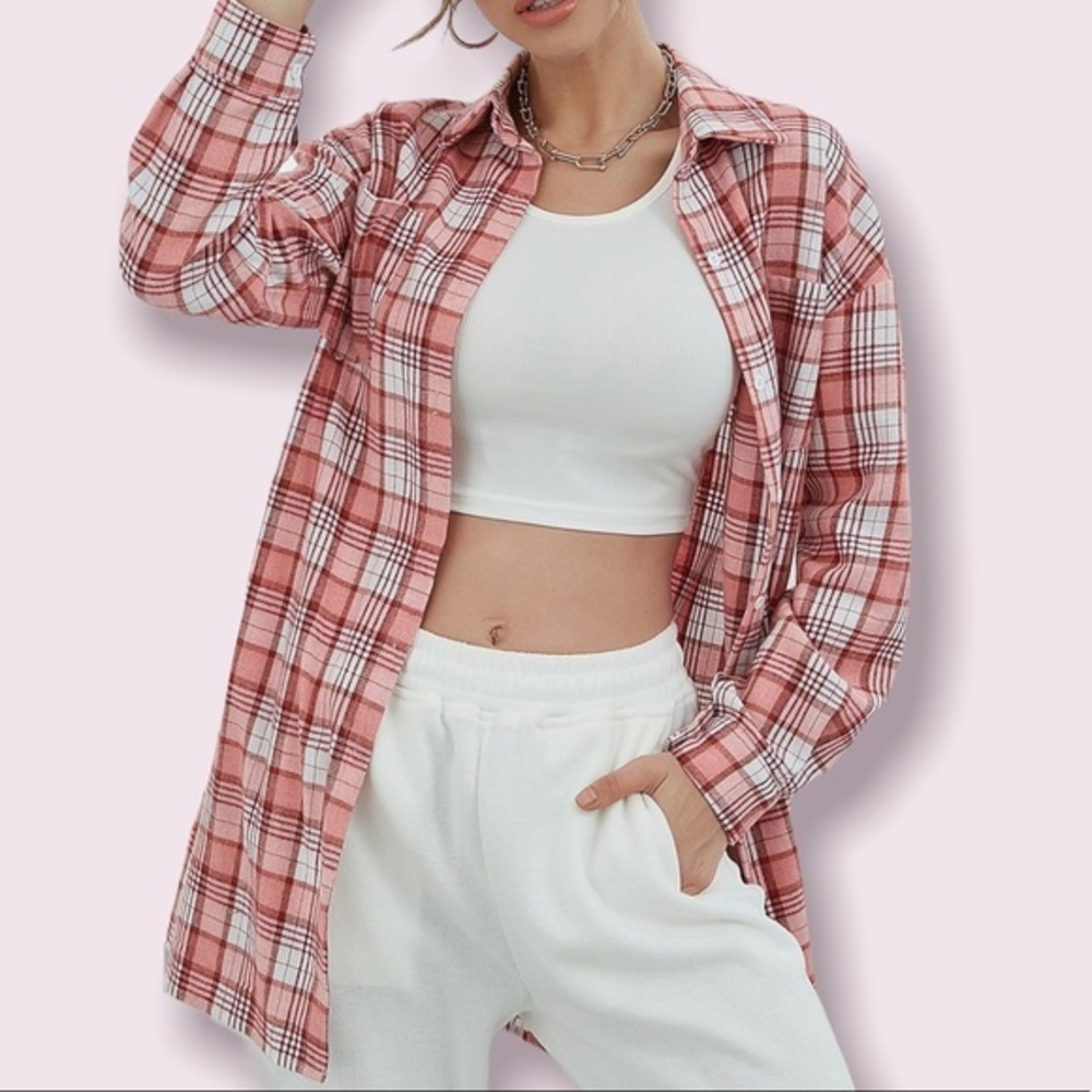 Preppy Plaid Button Down Shirt Shacket Large